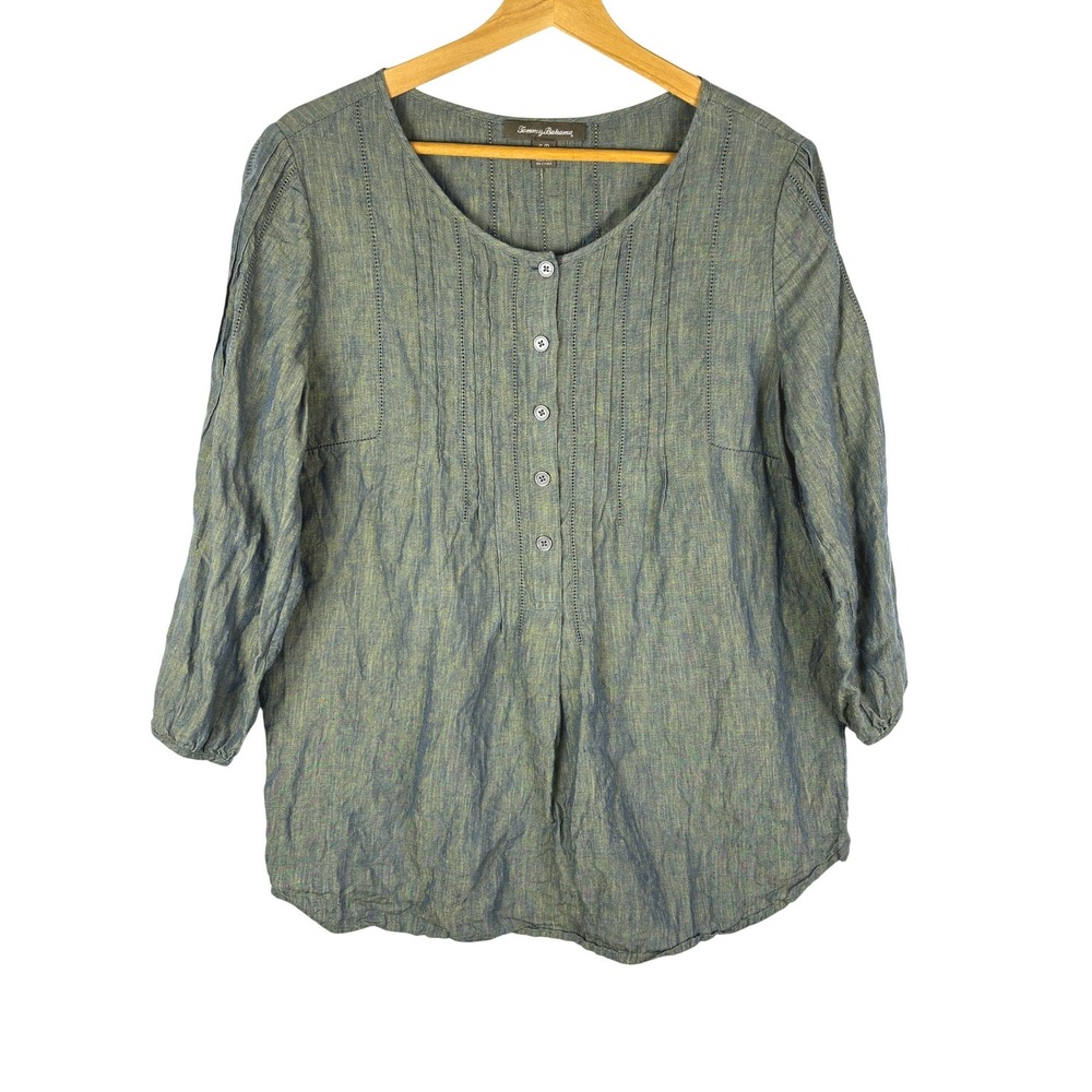Tommy Bahama Women Linen 3/4 Sleeve Pintuck Tunic Blouse S Blue Coastal Resort